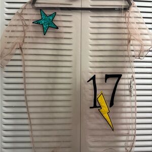 Zara shear top with Teal Star and Yellow Lightning